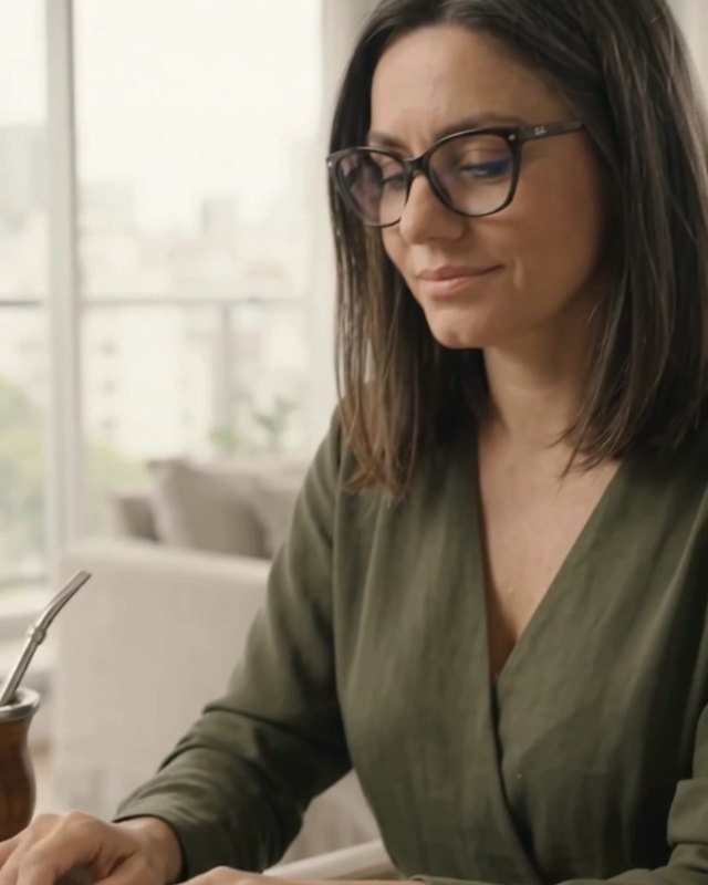 Vanesa Caputi, sonriendo mientras escribe en su computadora, con el mate al lado