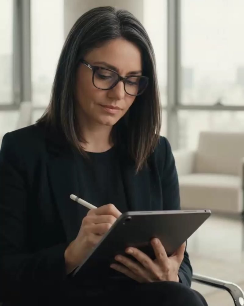 Vanesa Caputi tomando notas en una tablet, en una oficina luminosa